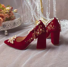 Load image into Gallery viewer, Bejeweled Red Velvet Heels