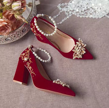 Load image into Gallery viewer, Bejeweled Red Velvet Heels