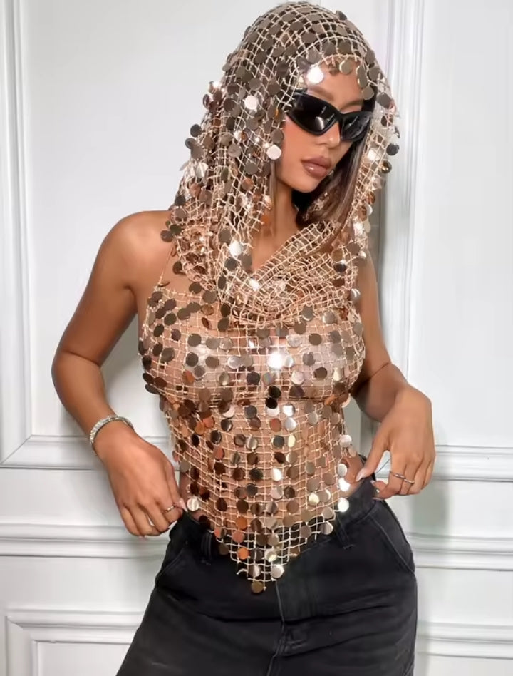 Hooded Sequins Tank Top